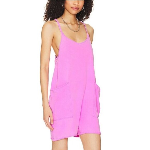 Free People Hot Shot Romper Pink With Pockets Cotton Stretch Blend Women L - Picture 1 of 12